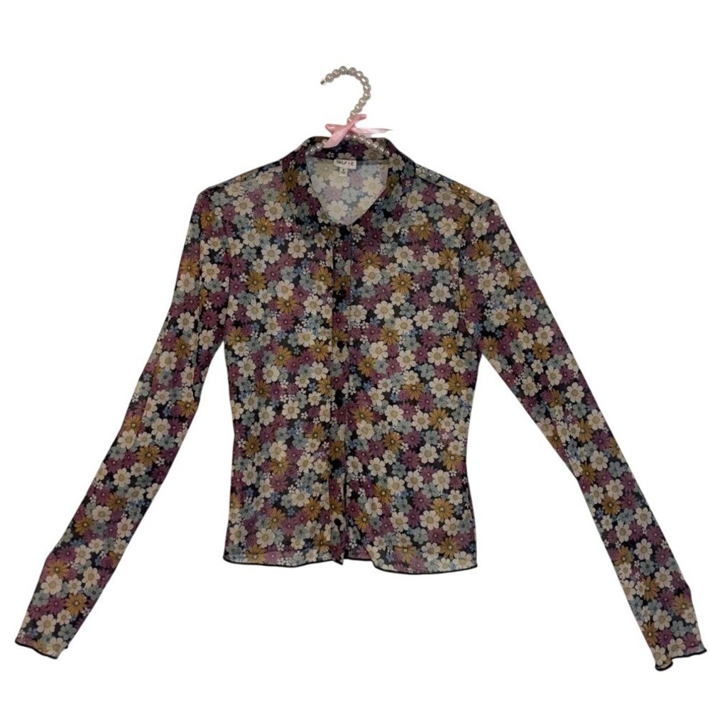 Selfie Leslie Women Small Floral Mesh Button Down Top Long Sleeve Daisy Sheer